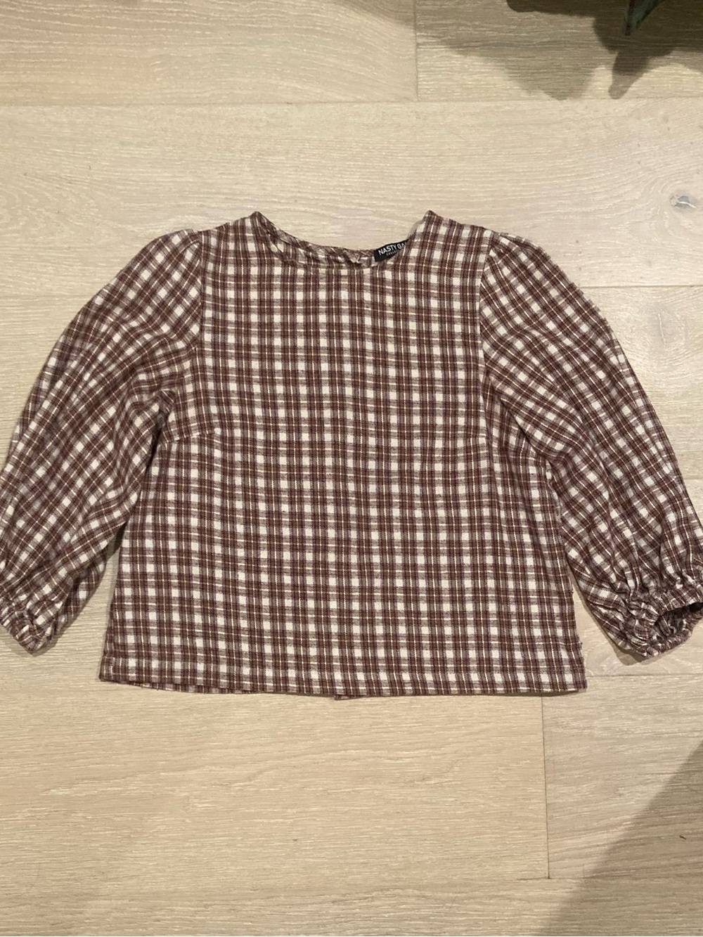 Nasty Gal Brown and Cream Plaid Puff-Sleeve Top bc 100% cotton